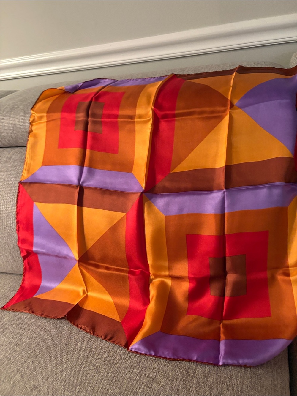 Geometric all  Silk Square Scarf in Orange, Red & Purple cravenette by mode make